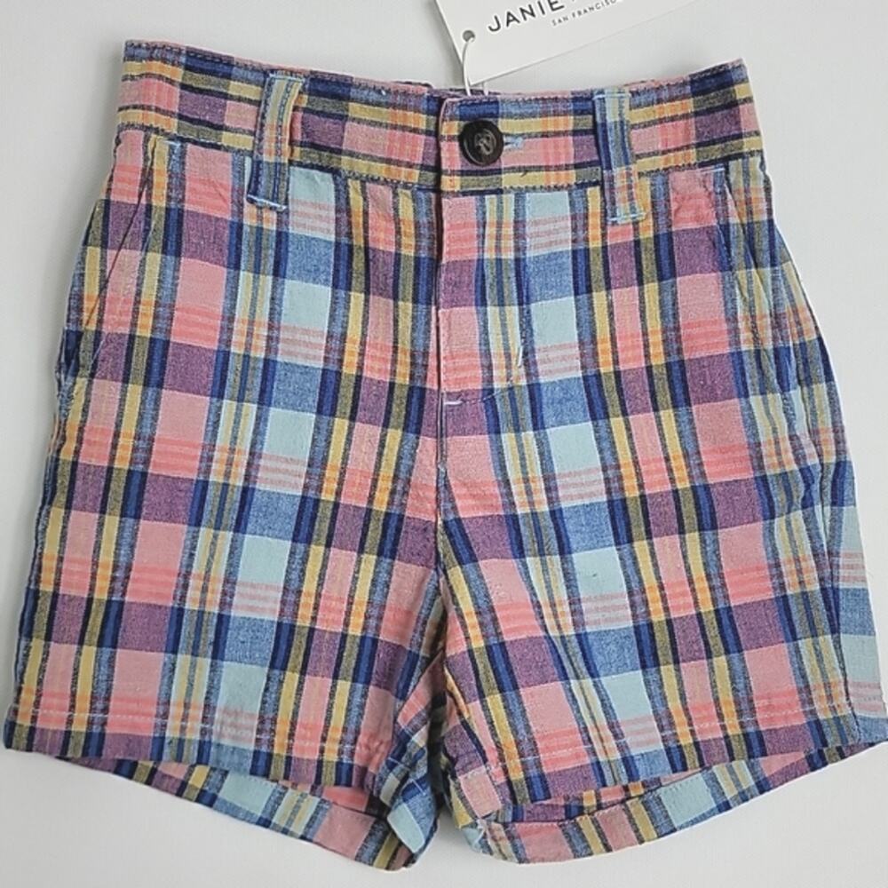 Janie and Jack Pink and Blue Linen‎ Blend Plaid Shorts 6-12 Months